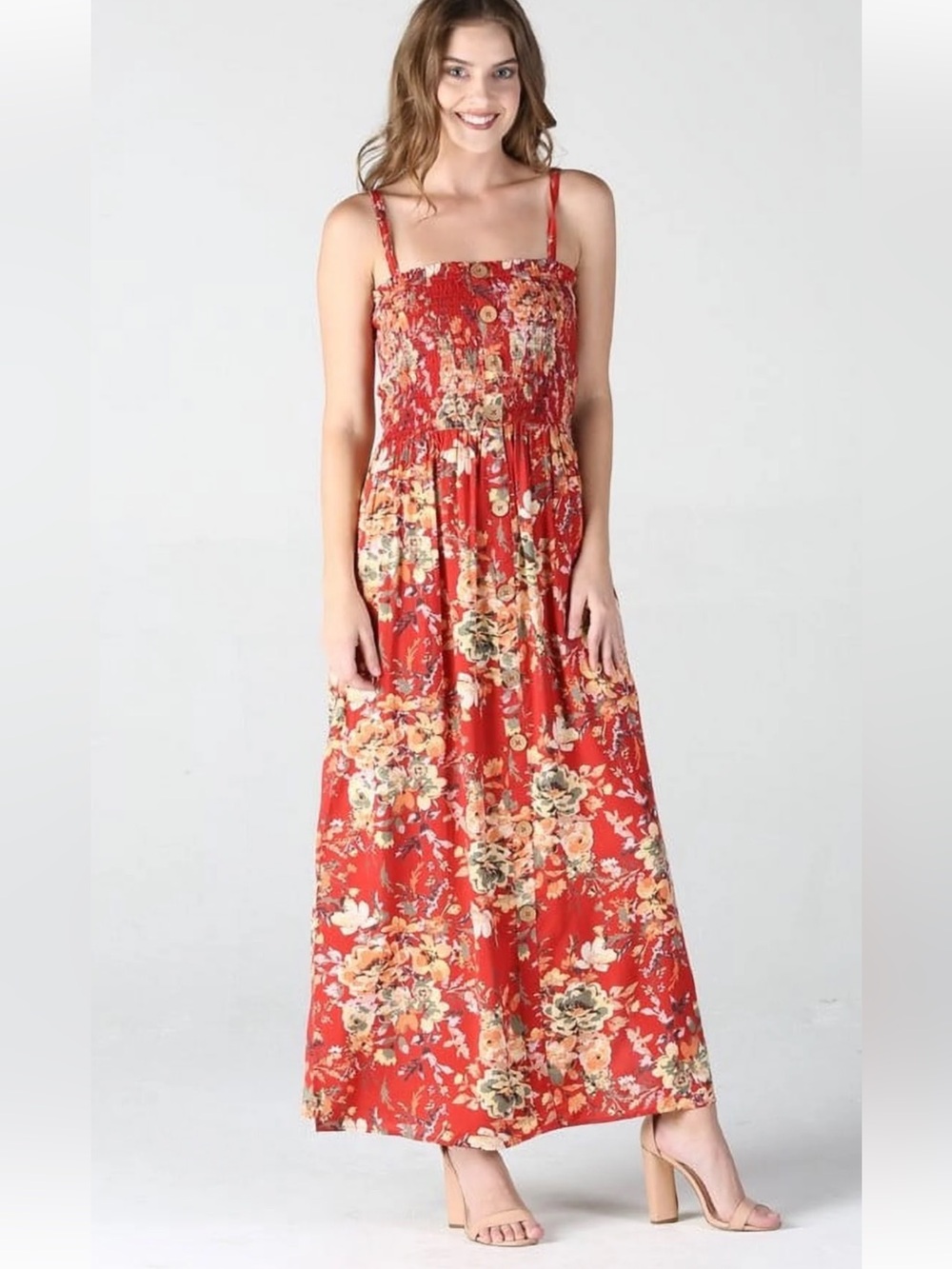 Angie Boho Cottagecore Smocked Bodice Button Trim Floral Maxi Dress Red Size S